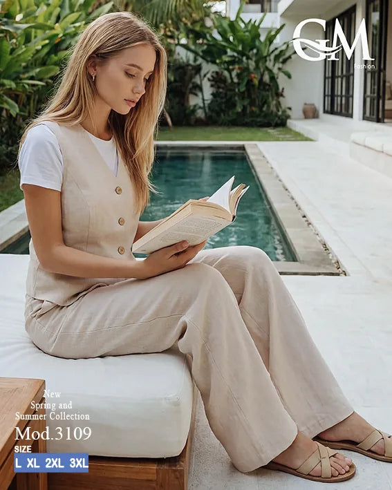 طقم حريمي كاجوال تيشيرت وبنطلون مع فيست متصل – GM Fashion موديل 3109
