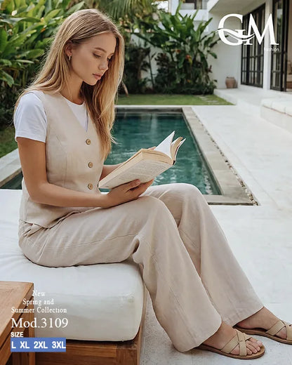 طقم حريمي كاجوال تيشيرت وبنطلون مع فيست متصل – GM Fashion موديل 3109