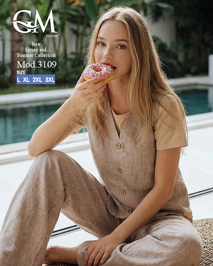 طقم حريمي كاجوال تيشيرت وبنطلون مع فيست متصل – GM Fashion موديل 3109