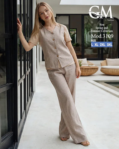 طقم حريمي كاجوال تيشيرت وبنطلون مع فيست متصل – GM Fashion موديل 3109