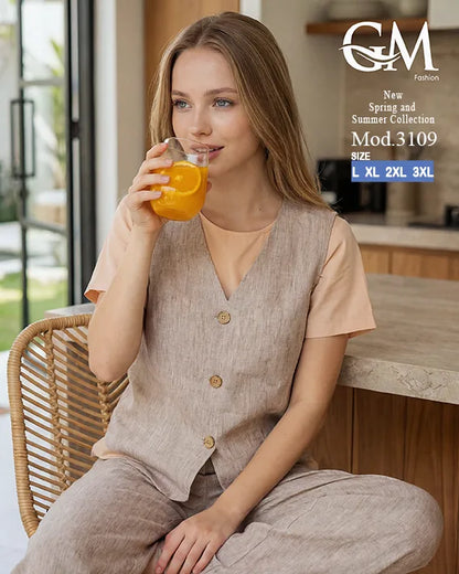 طقم حريمي كاجوال تيشيرت وبنطلون مع فيست متصل – GM Fashion موديل 3109