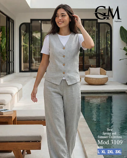 طقم حريمي كاجوال تيشيرت وبنطلون مع فيست متصل – GM Fashion موديل 3109