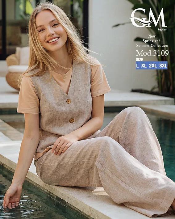 طقم حريمي كاجوال تيشيرت وبنطلون مع فيست متصل – GM Fashion موديل 3109