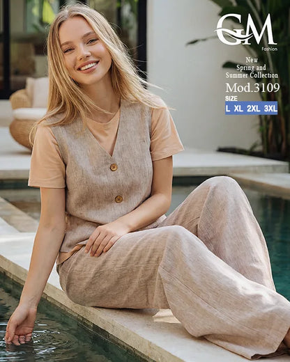 طقم حريمي كاجوال تيشيرت وبنطلون مع فيست متصل – GM Fashion موديل 3109