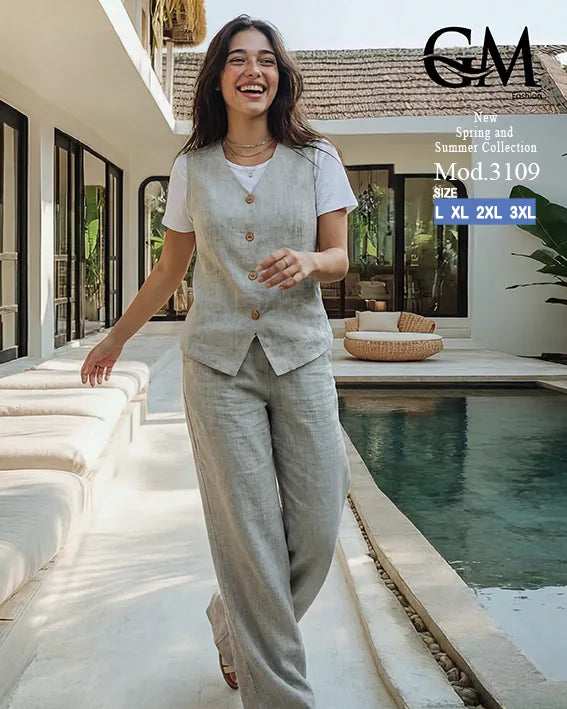 طقم حريمي كاجوال تيشيرت وبنطلون مع فيست متصل – GM Fashion موديل 3109