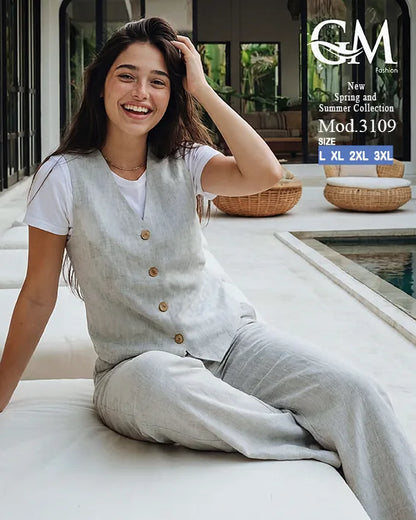 طقم حريمي كاجوال تيشيرت وبنطلون مع فيست متصل – GM Fashion موديل 3109