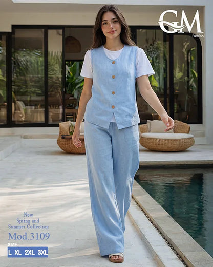طقم حريمي كاجوال تيشيرت وبنطلون مع فيست متصل – GM Fashion موديل 3109