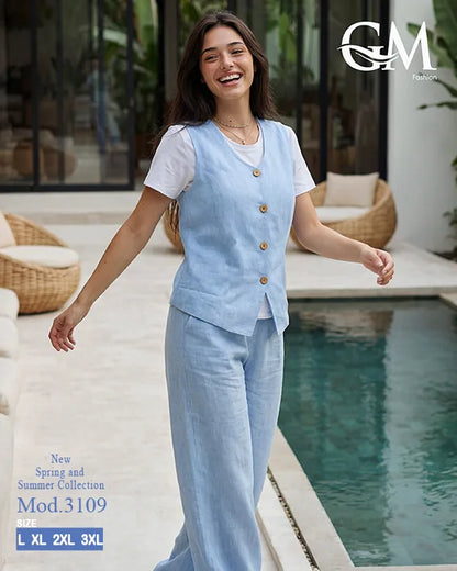 طقم حريمي كاجوال تيشيرت وبنطلون مع فيست متصل – GM Fashion موديل 3109