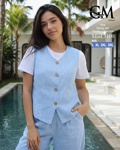 طقم حريمي كاجوال تيشيرت وبنطلون مع فيست متصل – GM Fashion موديل 3109