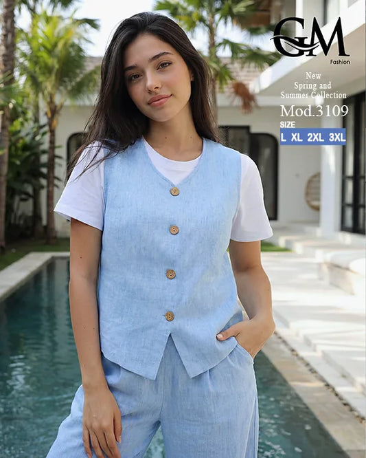 طقم حريمي كاجوال تيشيرت وبنطلون مع فيست متصل – GM Fashion موديل 3109