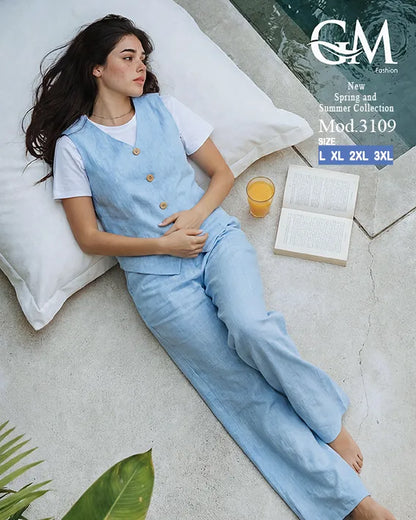 طقم حريمي كاجوال تيشيرت وبنطلون مع فيست متصل – GM Fashion موديل 3109