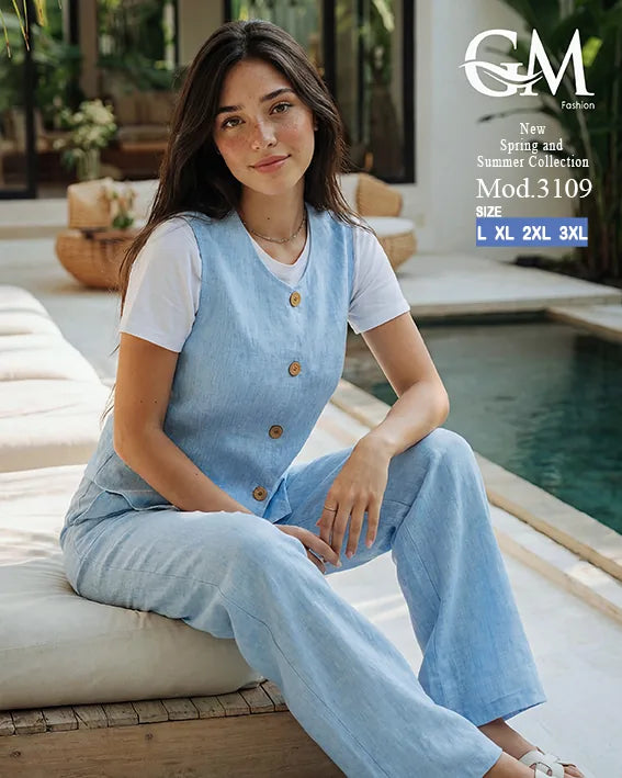 طقم حريمي كاجوال تيشيرت وبنطلون مع فيست متصل – GM Fashion موديل 3109