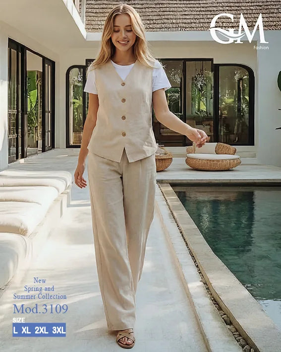 طقم حريمي كاجوال تيشيرت وبنطلون مع فيست متصل – GM Fashion موديل 3109