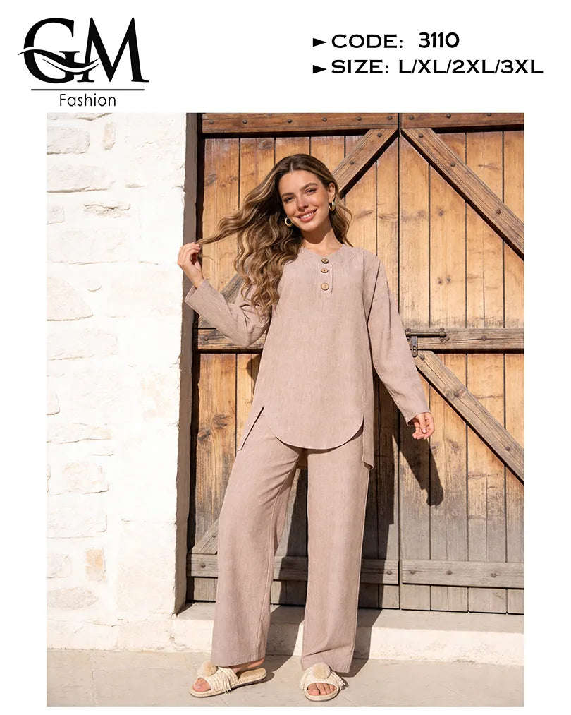 ترنج حريمي صيفي واسع ستايل لينن 2 قطعة | GM Fashion كود 3110