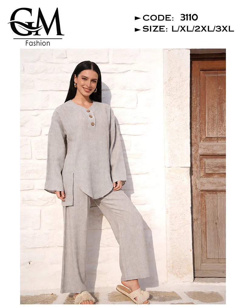 ترنج حريمي صيفي واسع ستايل لينن 2 قطعة | GM Fashion كود 3110