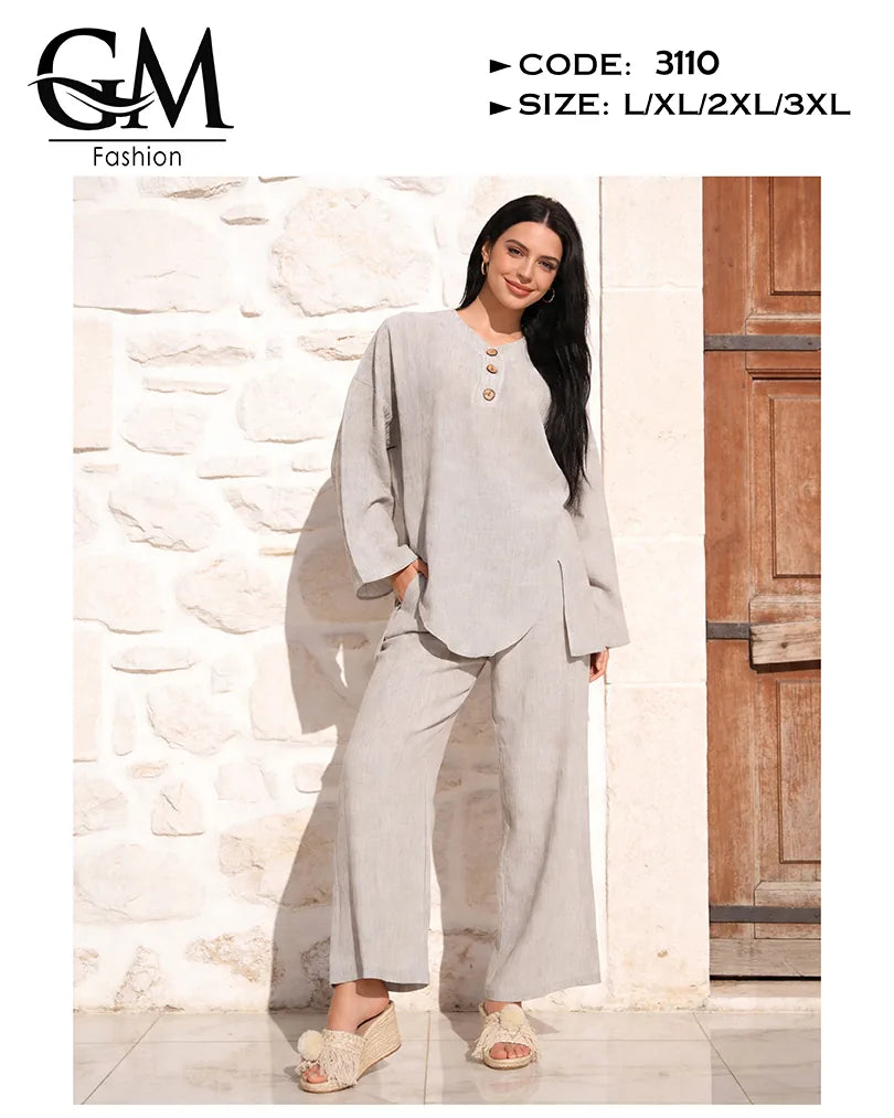 ترنج حريمي صيفي واسع ستايل لينن 2 قطعة | GM Fashion كود 3110