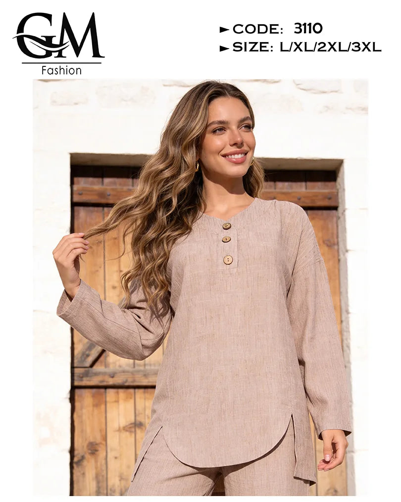ترنج حريمي صيفي واسع ستايل لينن 2 قطعة | GM Fashion كود 3110