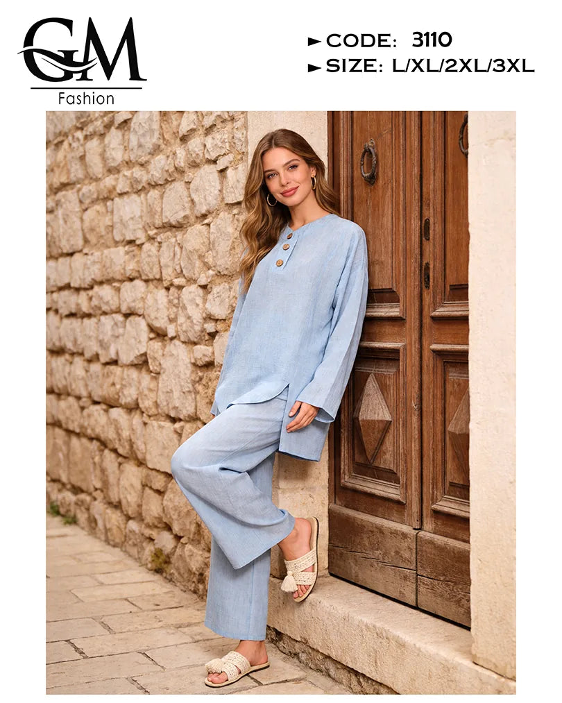 ترنج حريمي صيفي واسع ستايل لينن 2 قطعة | GM Fashion كود 3110