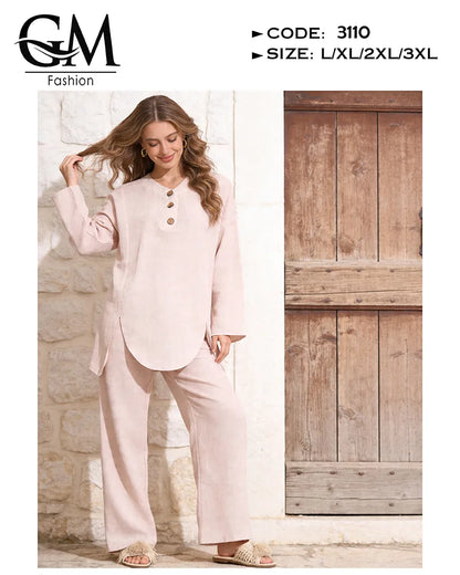 ترنج حريمي صيفي واسع ستايل لينن 2 قطعة | GM Fashion كود 3110