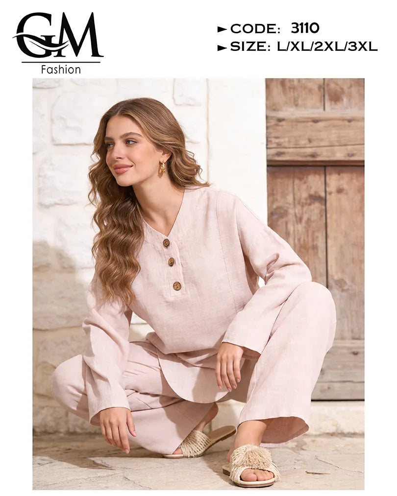 ترنج حريمي صيفي واسع ستايل لينن 2 قطعة | GM Fashion كود 3110