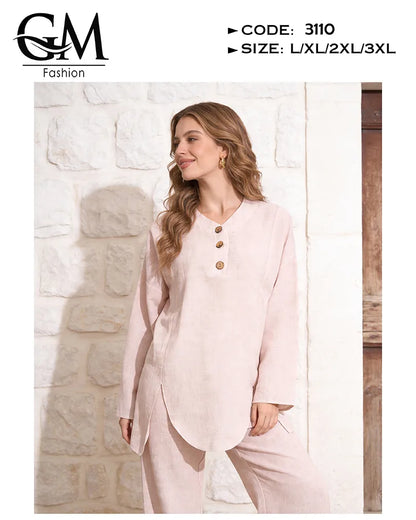 ترنج حريمي صيفي واسع ستايل لينن 2 قطعة | GM Fashion كود 3110