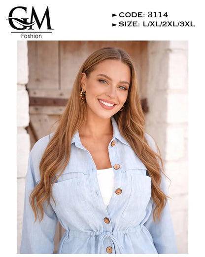 طقم حريمي كتان صيفي بقصة خصر محددة وياقة أنيقة | GM Fashion كود 3114