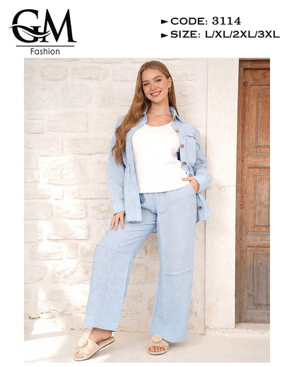 طقم حريمي كتان صيفي بقصة خصر محددة وياقة أنيقة | GM Fashion كود 3114