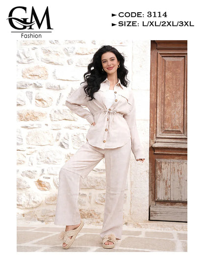 طقم حريمي كتان صيفي بقصة خصر محددة وياقة أنيقة | GM Fashion كود 3114
