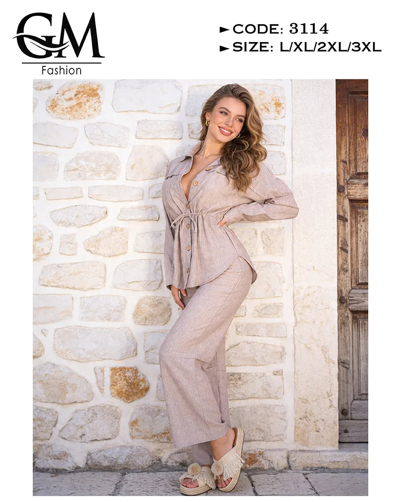 طقم حريمي كتان صيفي بقصة خصر محددة وياقة أنيقة | GM Fashion كود 3114