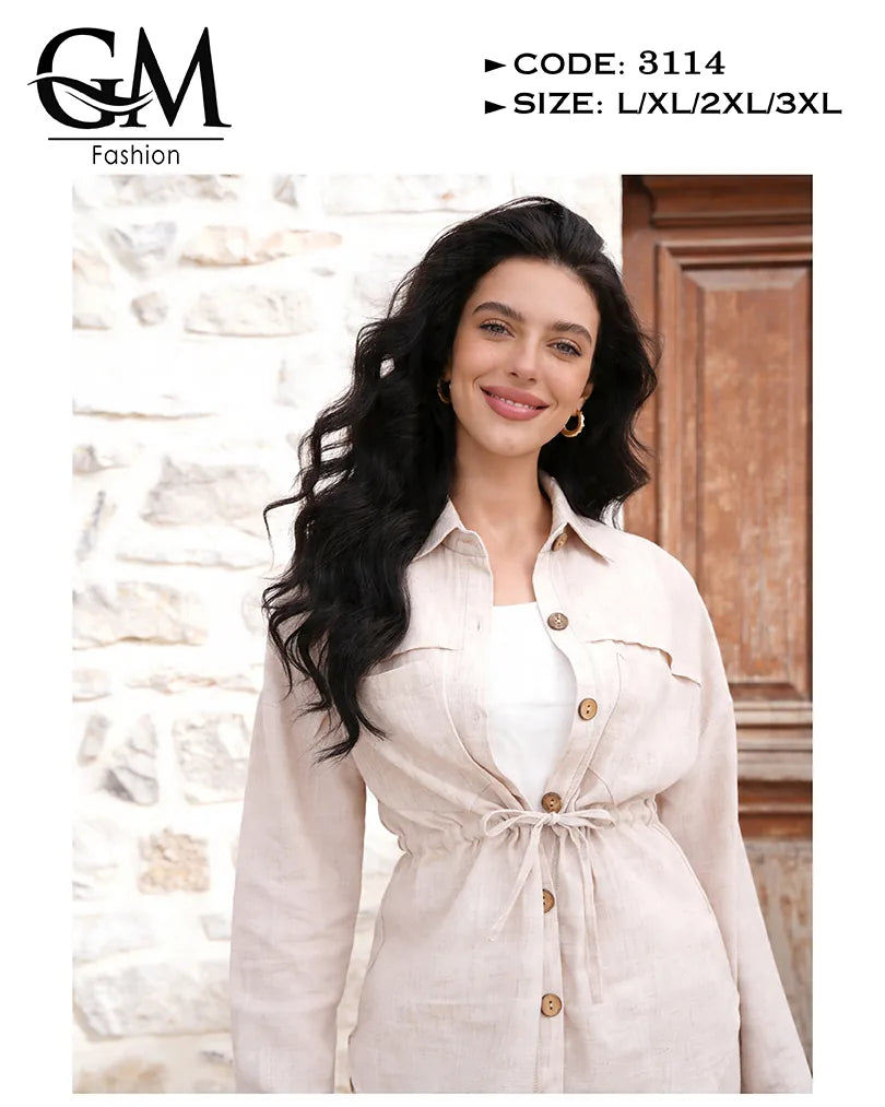 طقم حريمي كتان صيفي بقصة خصر محددة وياقة أنيقة | GM Fashion كود 3114