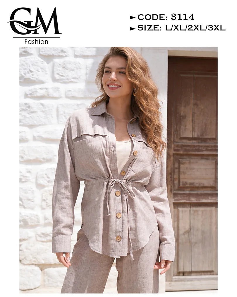 طقم حريمي كتان صيفي بقصة خصر محددة وياقة أنيقة | GM Fashion كود 3114