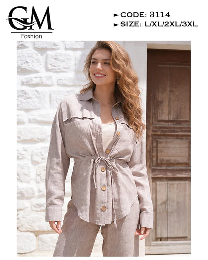 طقم حريمي كتان صيفي بقصة خصر محددة وياقة أنيقة | GM Fashion كود 3114