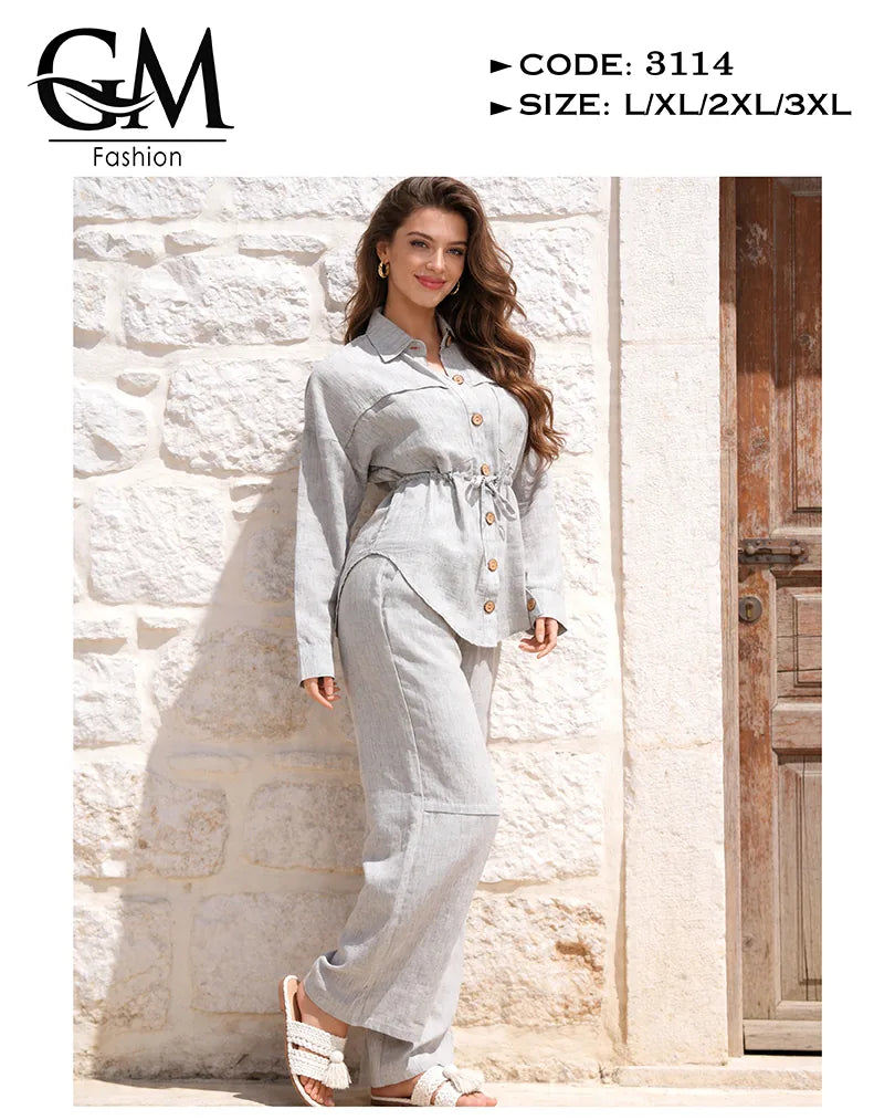 طقم حريمي كتان صيفي بقصة خصر محددة وياقة أنيقة | GM Fashion كود 3114