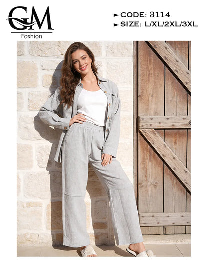 طقم حريمي كتان صيفي بقصة خصر محددة وياقة أنيقة | GM Fashion كود 3114