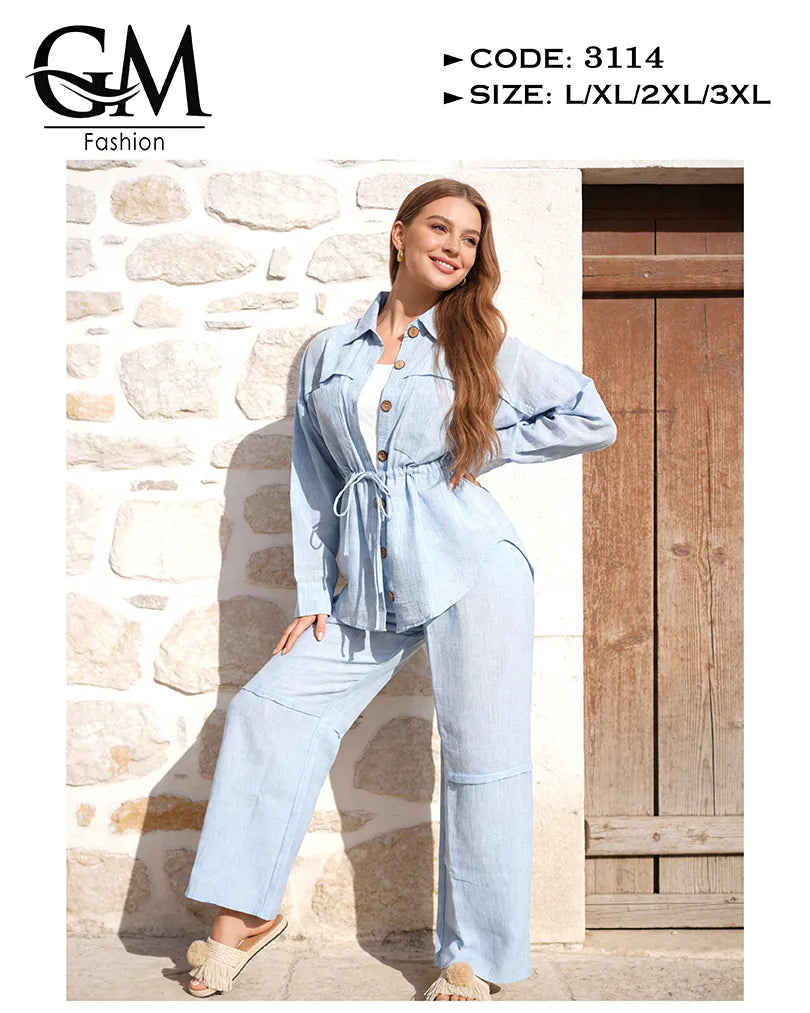طقم حريمي كتان صيفي بقصة خصر محددة وياقة أنيقة | GM Fashion كود 3114