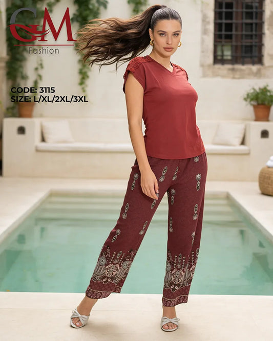 بيجامة حريمي صيفي أنيقة بدانتيل على الكتف – GM Fashion موديل 3115