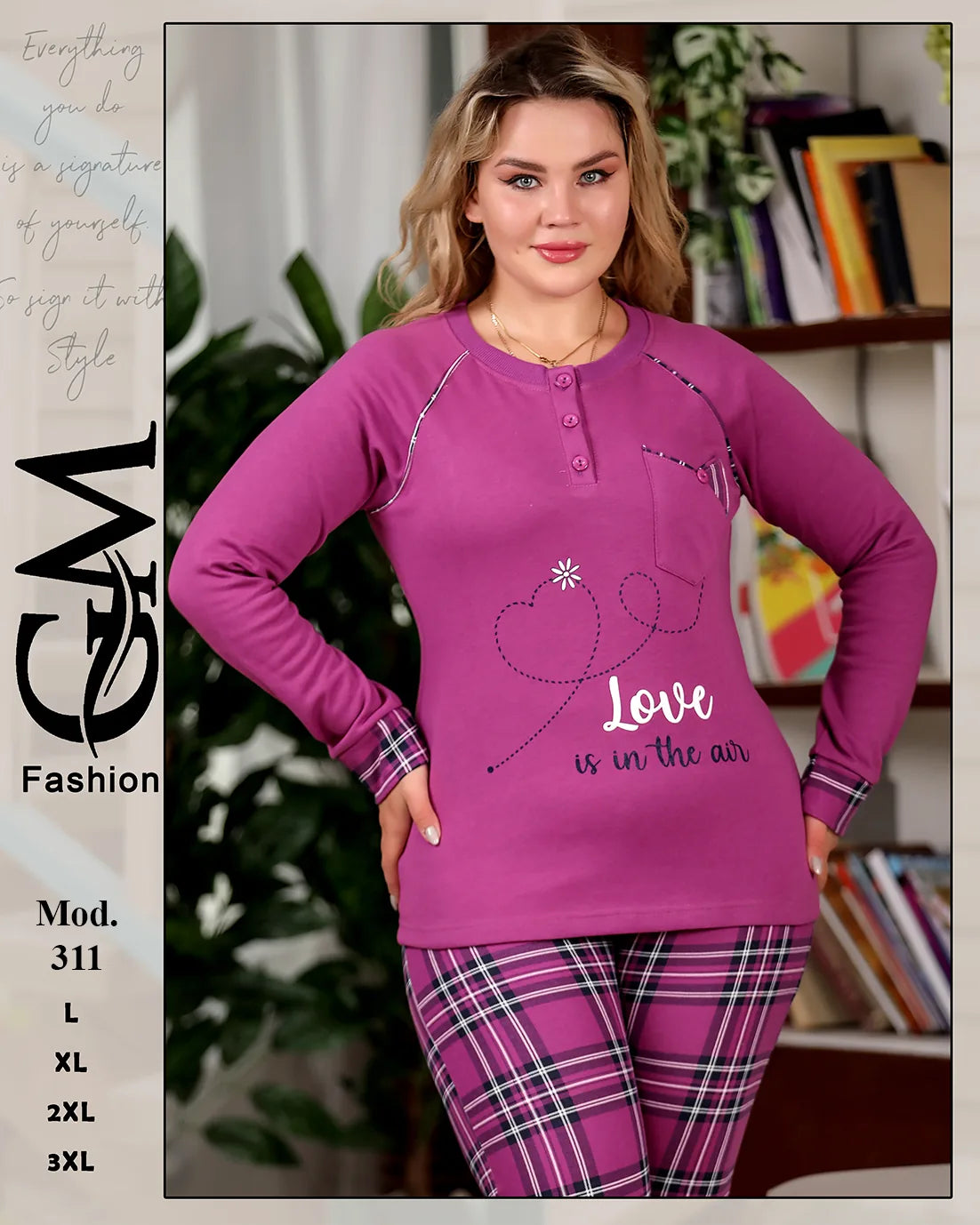 طقم شتوي قطيفي ناعم بكم طويل وبنطلون كاروهات – موديل 311 | GM Fashion