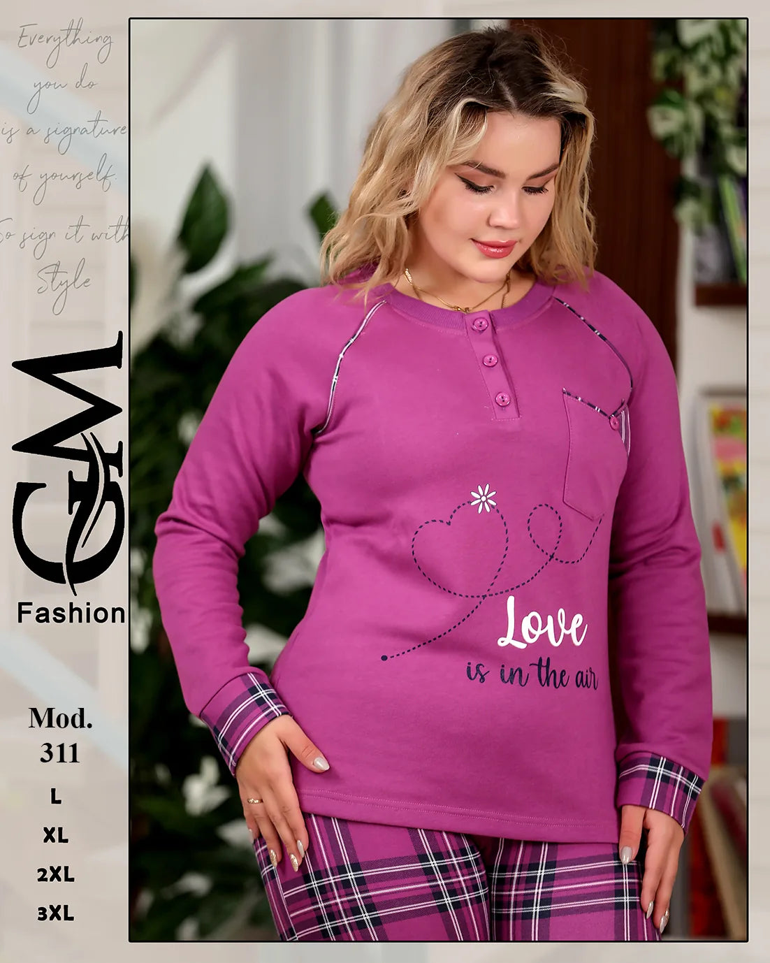 طقم شتوي قطيفي ناعم بكم طويل وبنطلون كاروهات – موديل 311 | GM Fashion