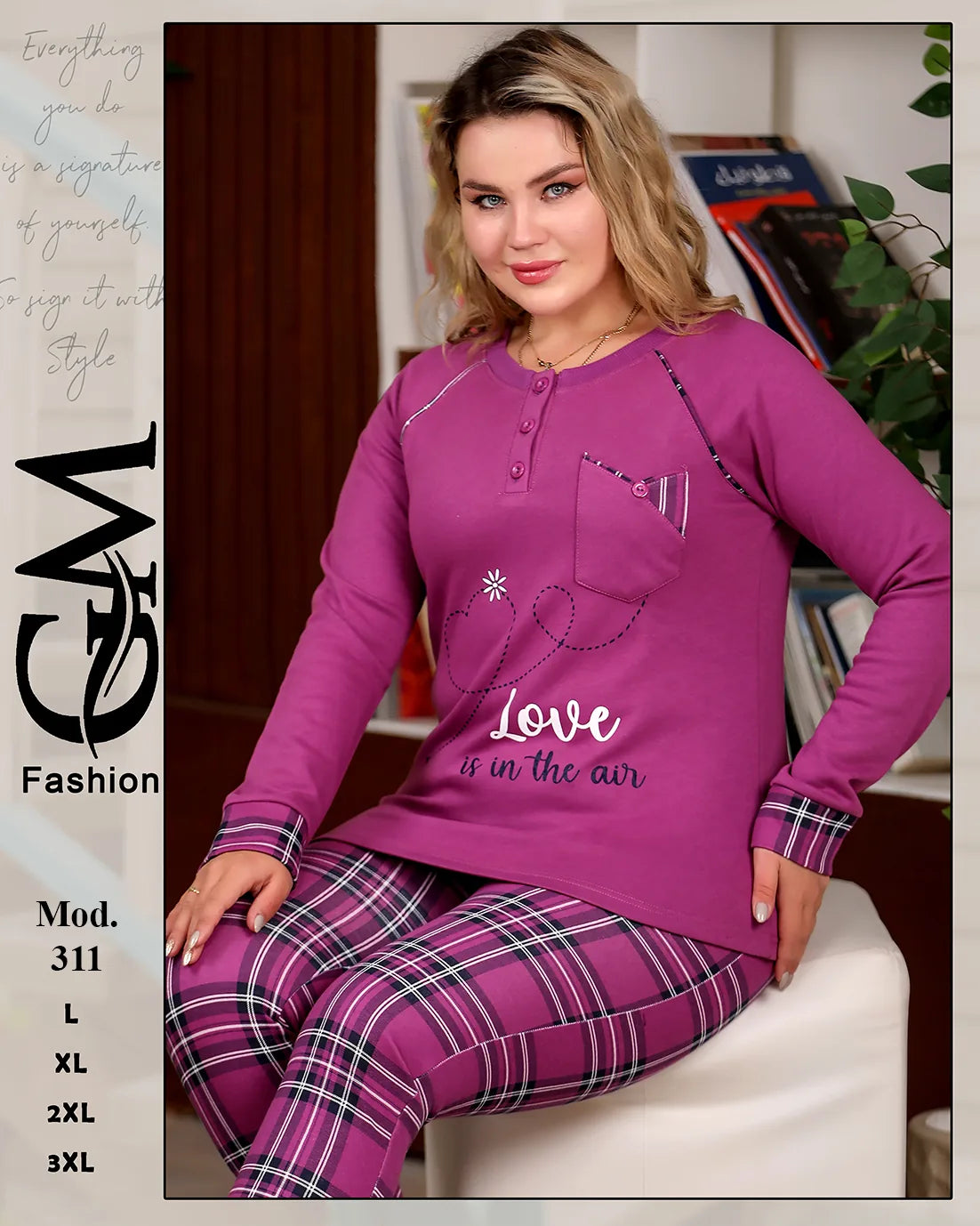 طقم شتوي قطيفي ناعم بكم طويل وبنطلون كاروهات – موديل 311 | GM Fashion