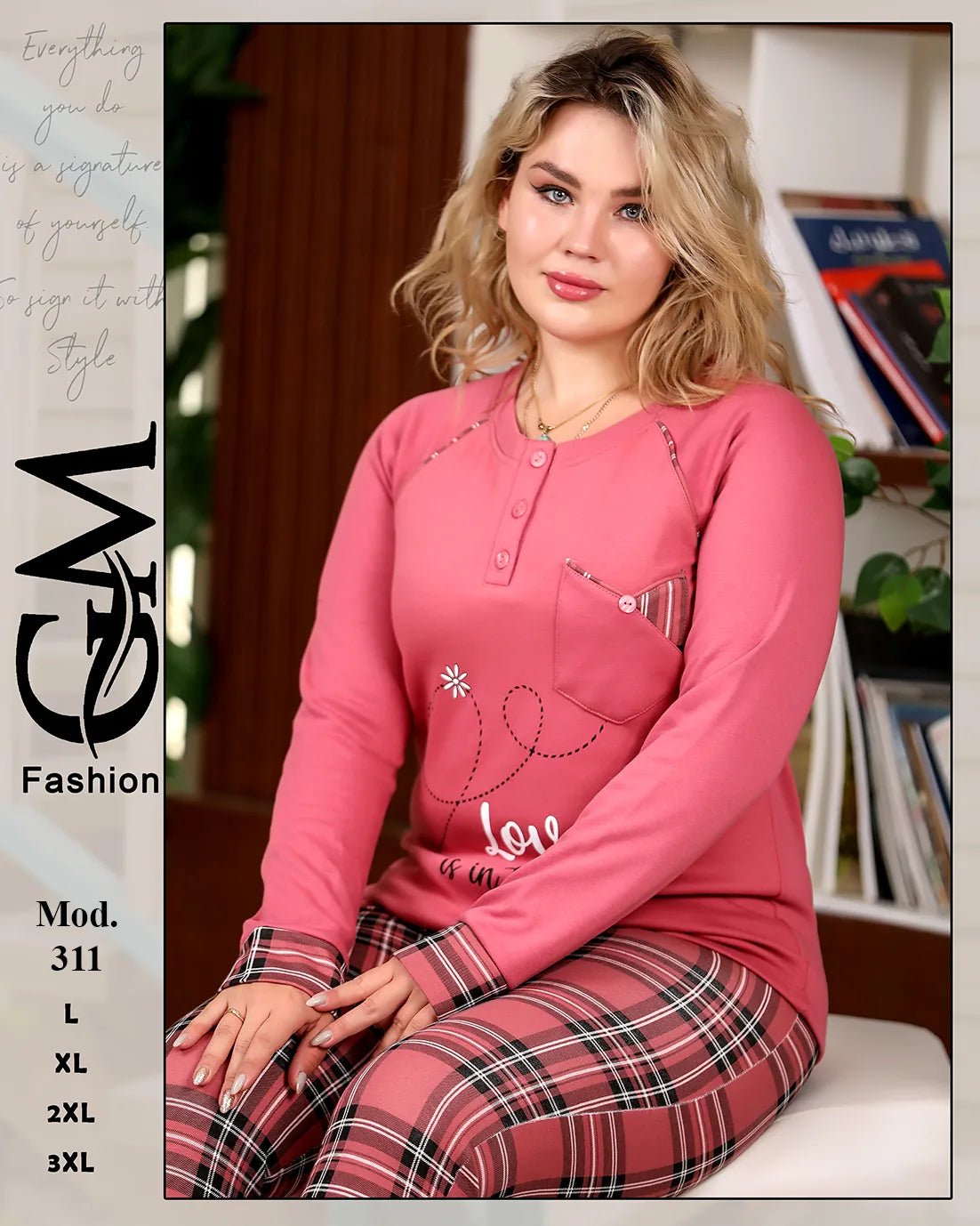 طقم شتوي قطيفي ناعم بكم طويل وبنطلون كاروهات – موديل 311 | GM Fashion