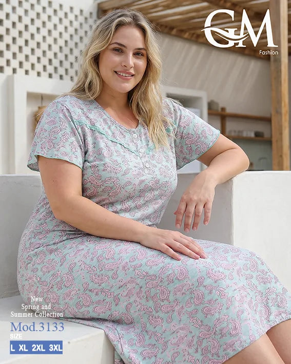 قميص نوم حريمي مقاسات كبيرة بطبعة كشمير أنيقة – GM Fashion موديل 3133