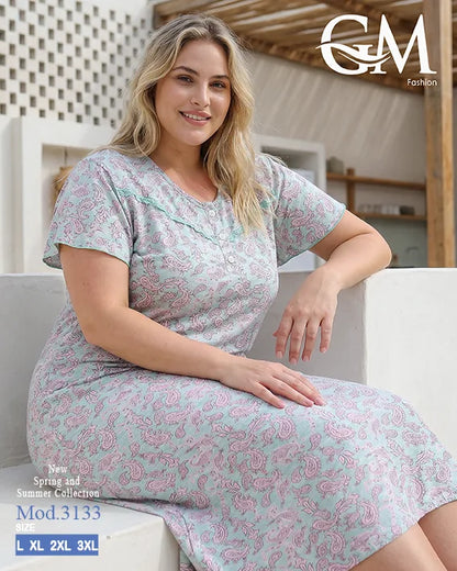 قميص نوم حريمي مقاسات كبيرة بطبعة كشمير أنيقة – GM Fashion موديل 3133