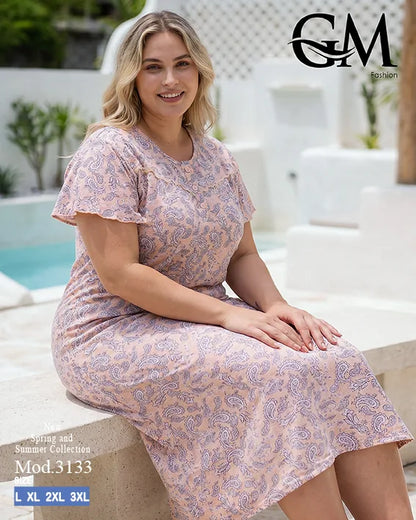 قميص نوم حريمي مقاسات كبيرة بطبعة كشمير أنيقة – GM Fashion موديل 3133