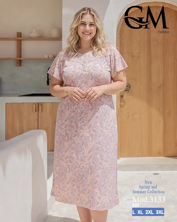 قميص نوم حريمي مقاسات كبيرة بطبعة كشمير أنيقة – GM Fashion موديل 3133