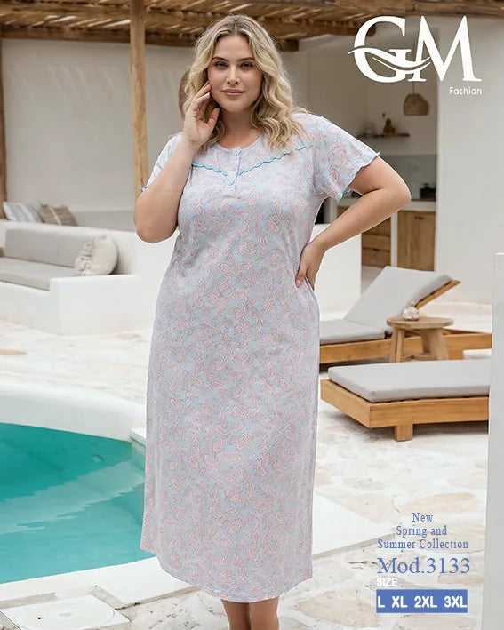 قميص نوم حريمي مقاسات كبيرة بطبعة كشمير أنيقة – GM Fashion موديل 3133
