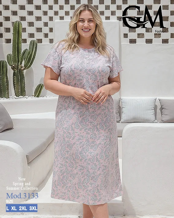 قميص نوم حريمي مقاسات كبيرة بطبعة كشمير أنيقة – GM Fashion موديل 3133