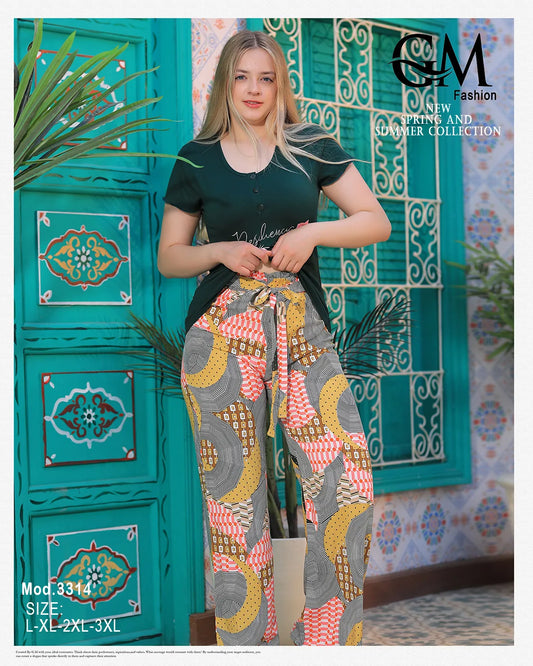 بيجامة قطن برسمة وبنطلون مجسم واسع موديل صيفي – 3314 من GM Fashion