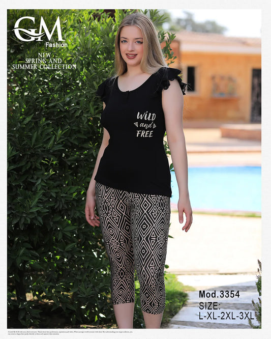 بيجامة حريمي صيفية – كيت برسمة وبنطلون ليكرا مشجر – موديل 3354 من GM Fashion