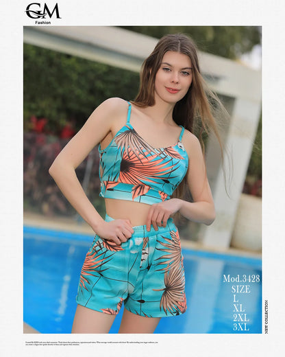 شورت صيفي حريمي بخامة ناعمة – توب بحمالات + شورت مشجر – موديل 3428 من GM Fashion