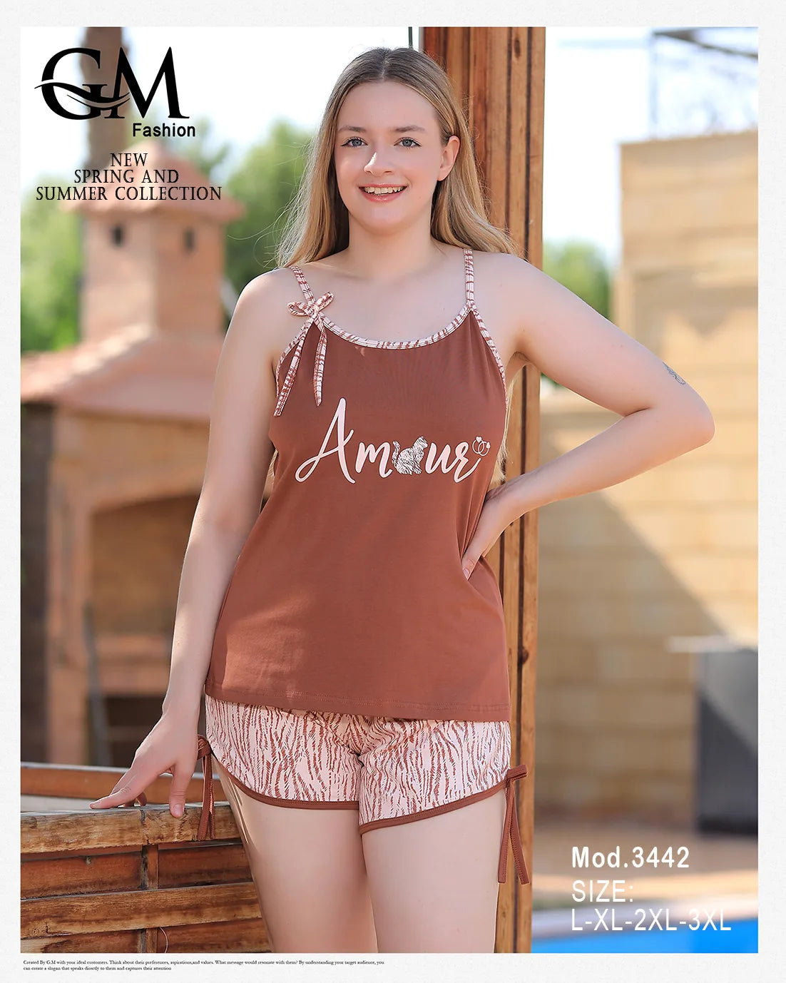 بيجامة حريمي قطن شورت بطباعة Amour – GM Fashion موديل 3442